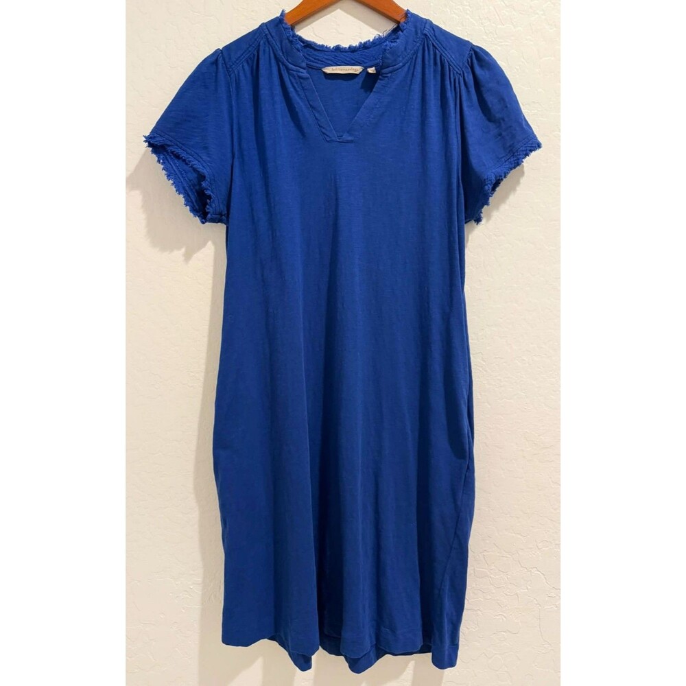 Soft Surroundings Medium Blue Shirt Dress Cotton Gauze Trim Pockets Casual VNeck